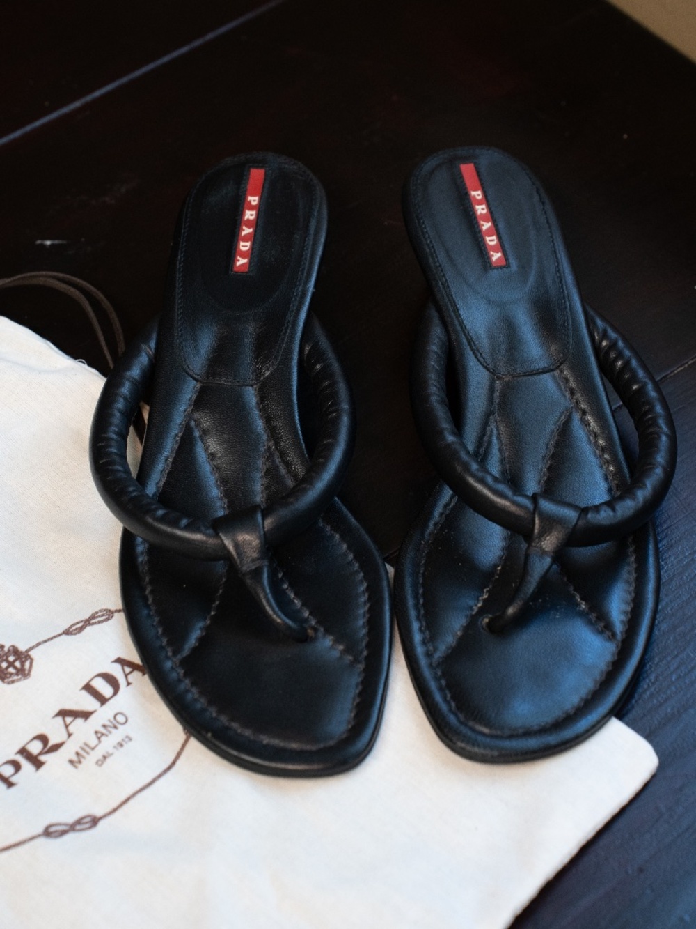 Vintage Prada Sport (Luna Rossa) Black Leather Thong Sandals